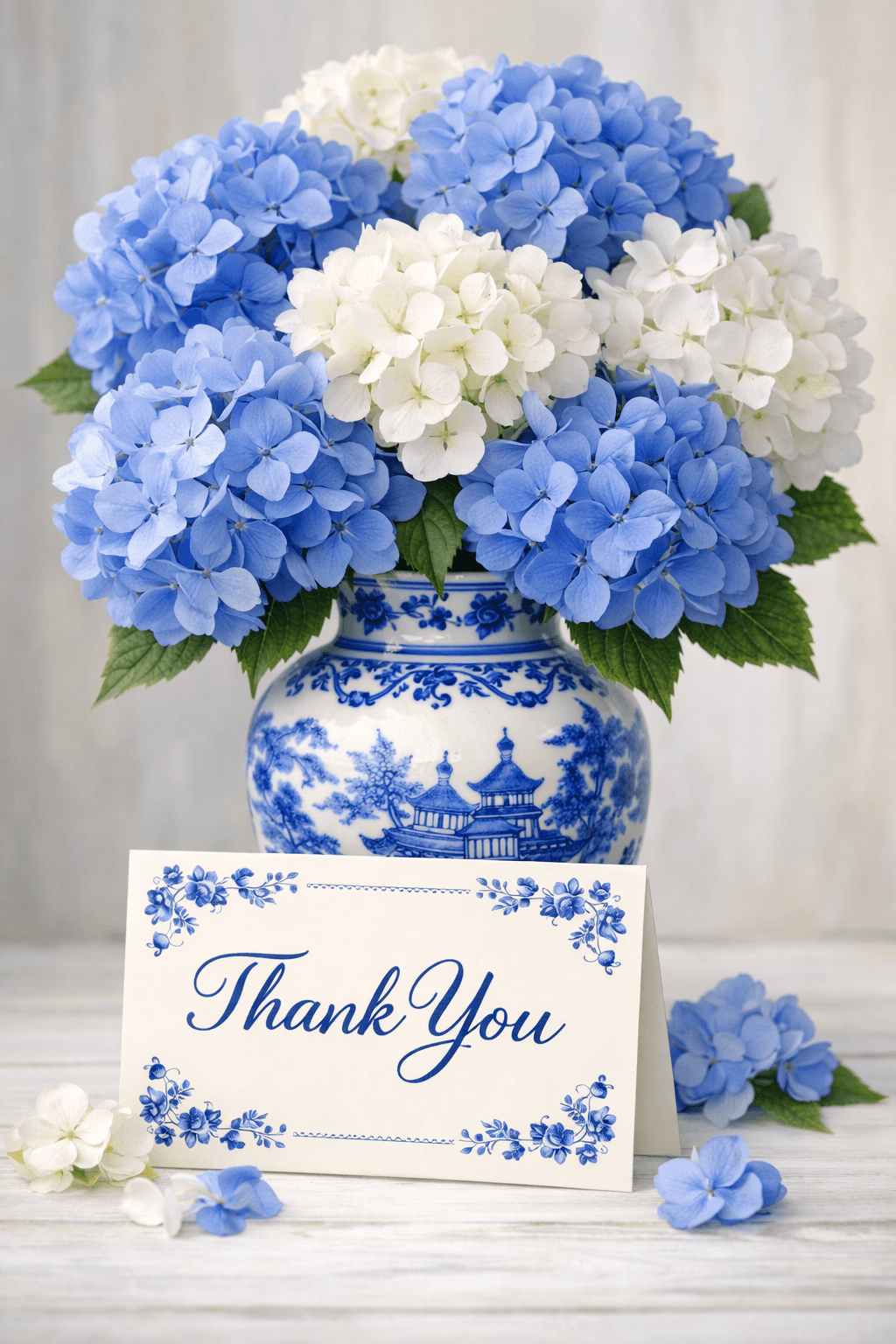 blue and white hydrangeas thank you ecard