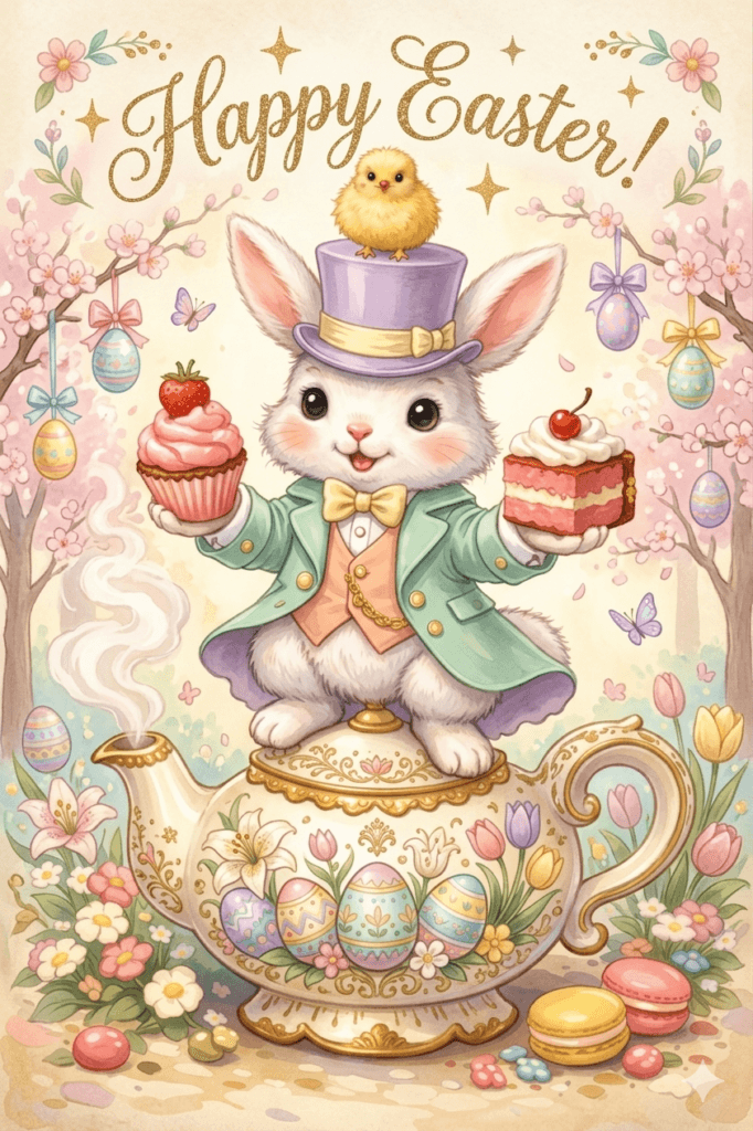 happy easter bunny and teapot card