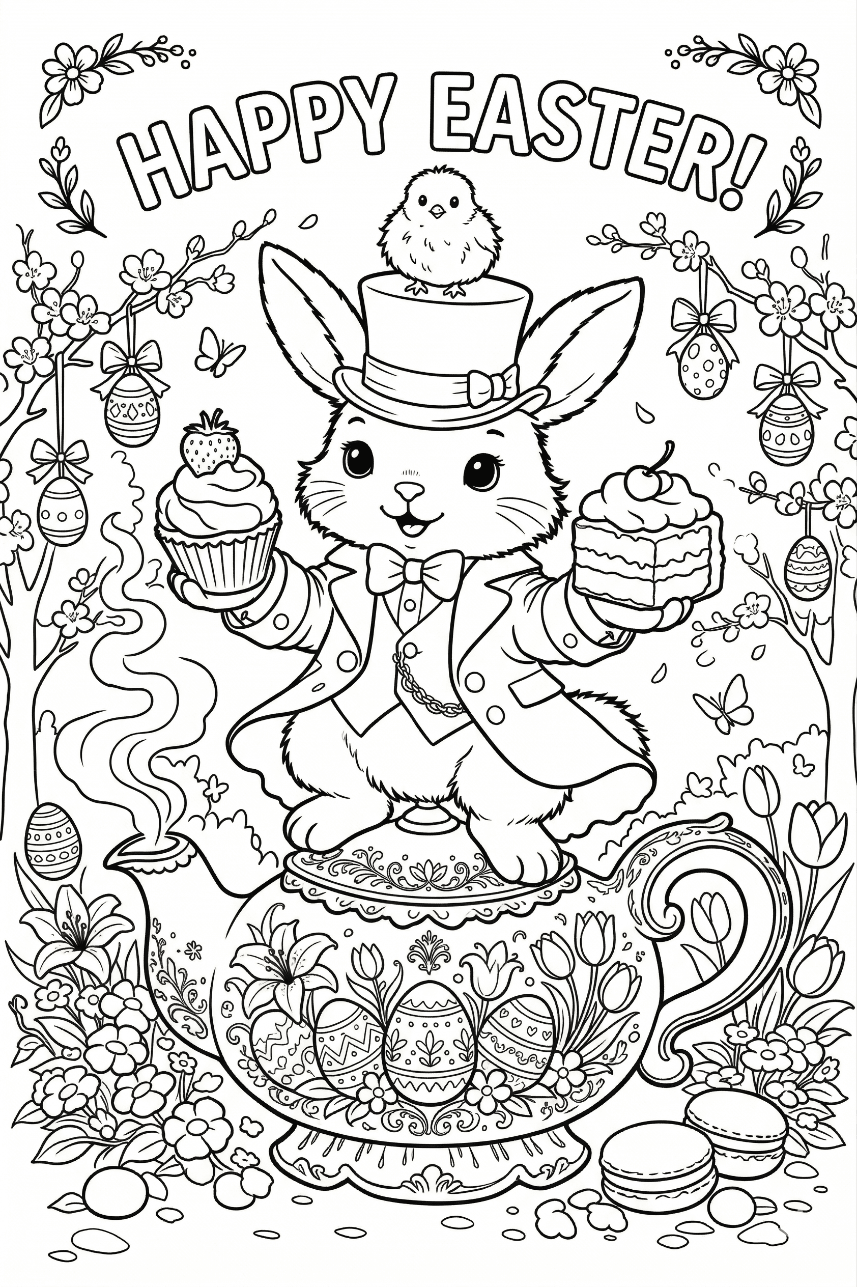 happy easter whimsical coloring page