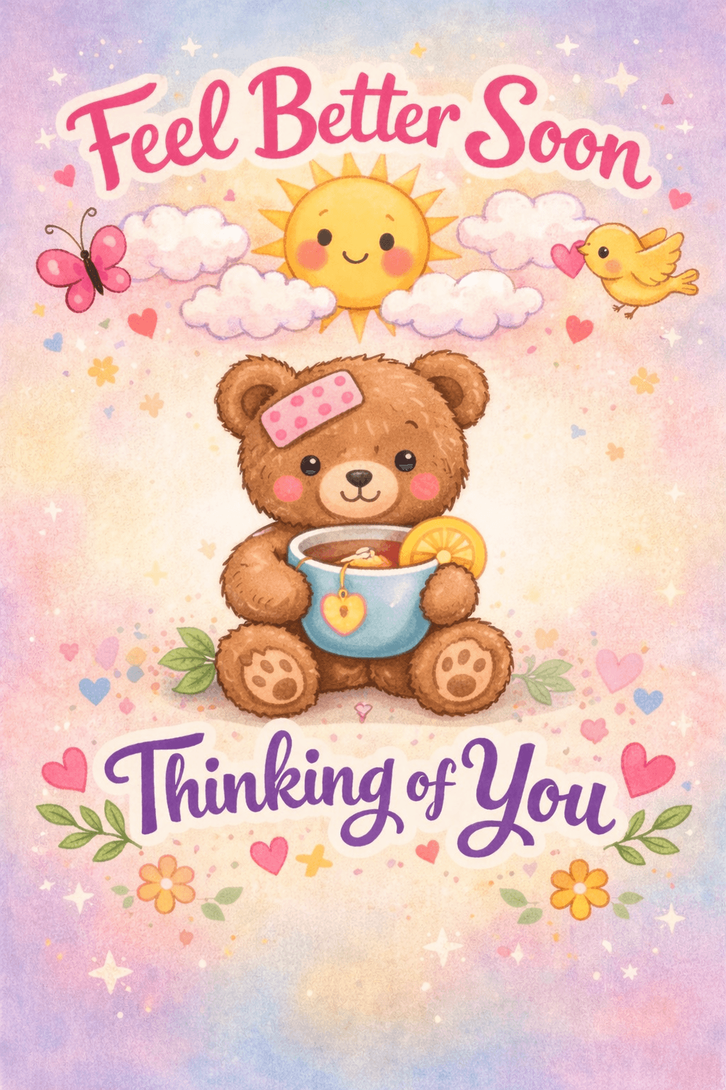 teddy bear and tea feel better soon