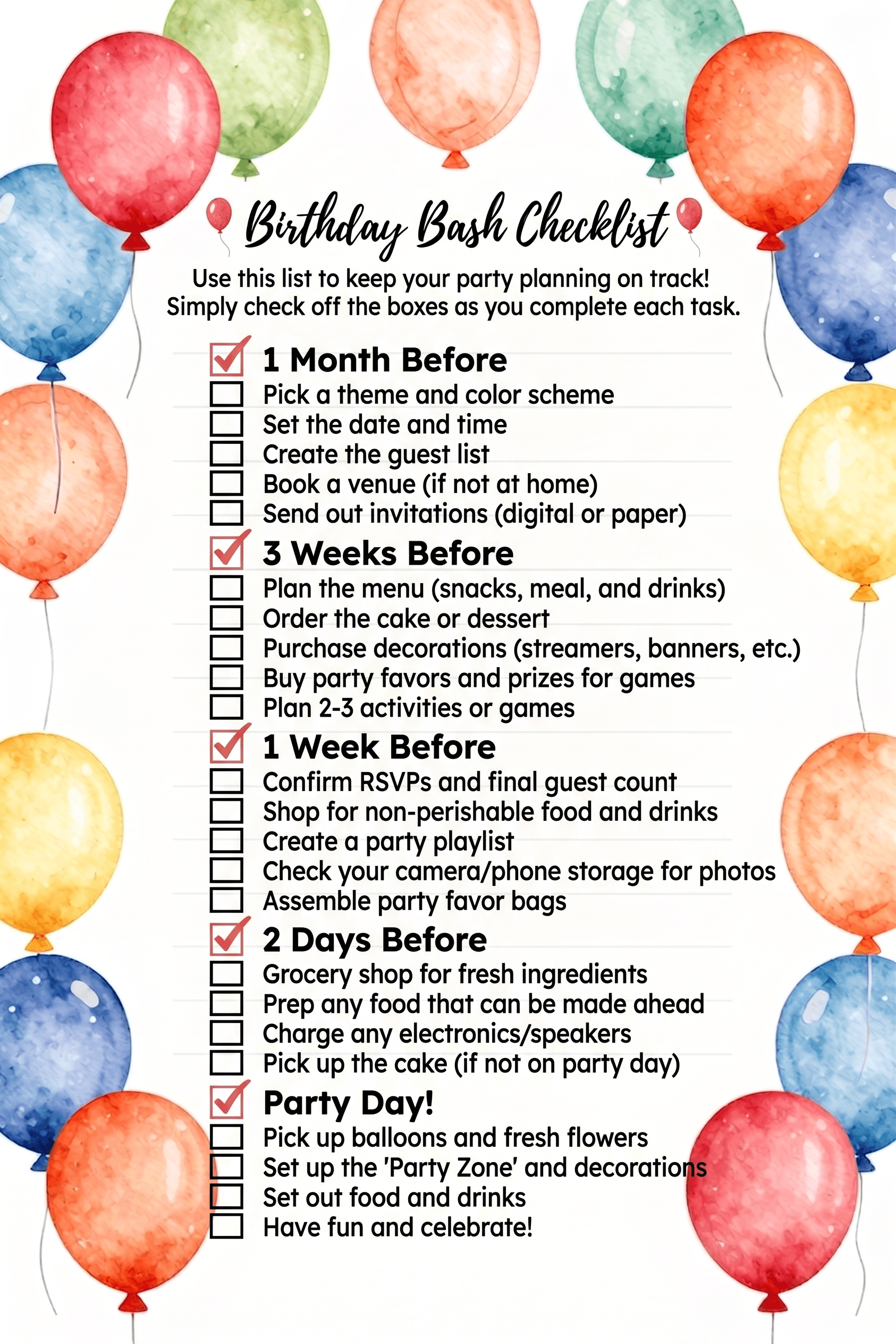 Birthday Bash Checklist Printable