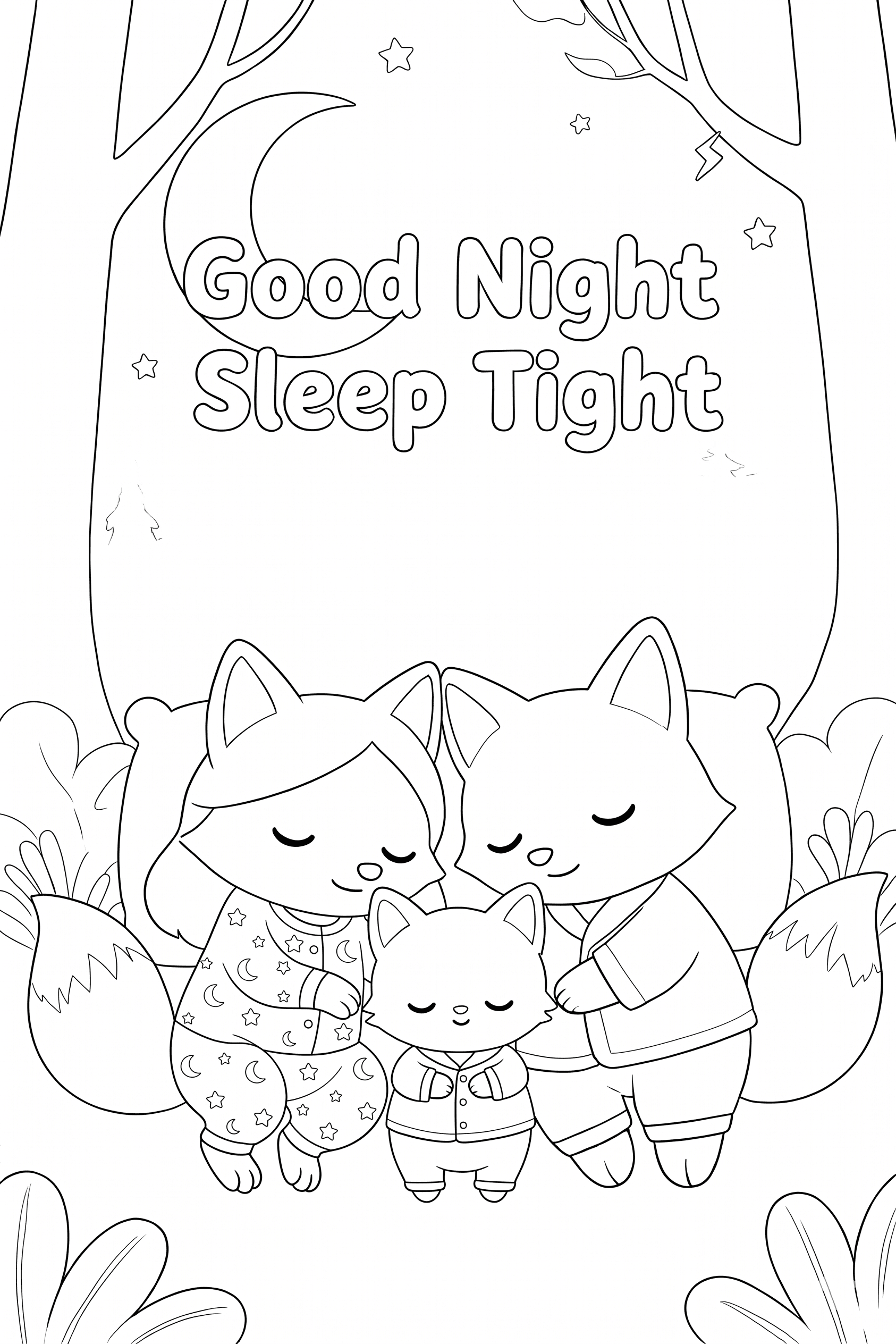 Good Night Sleep Tight Fox Family Coloring Page Printable
