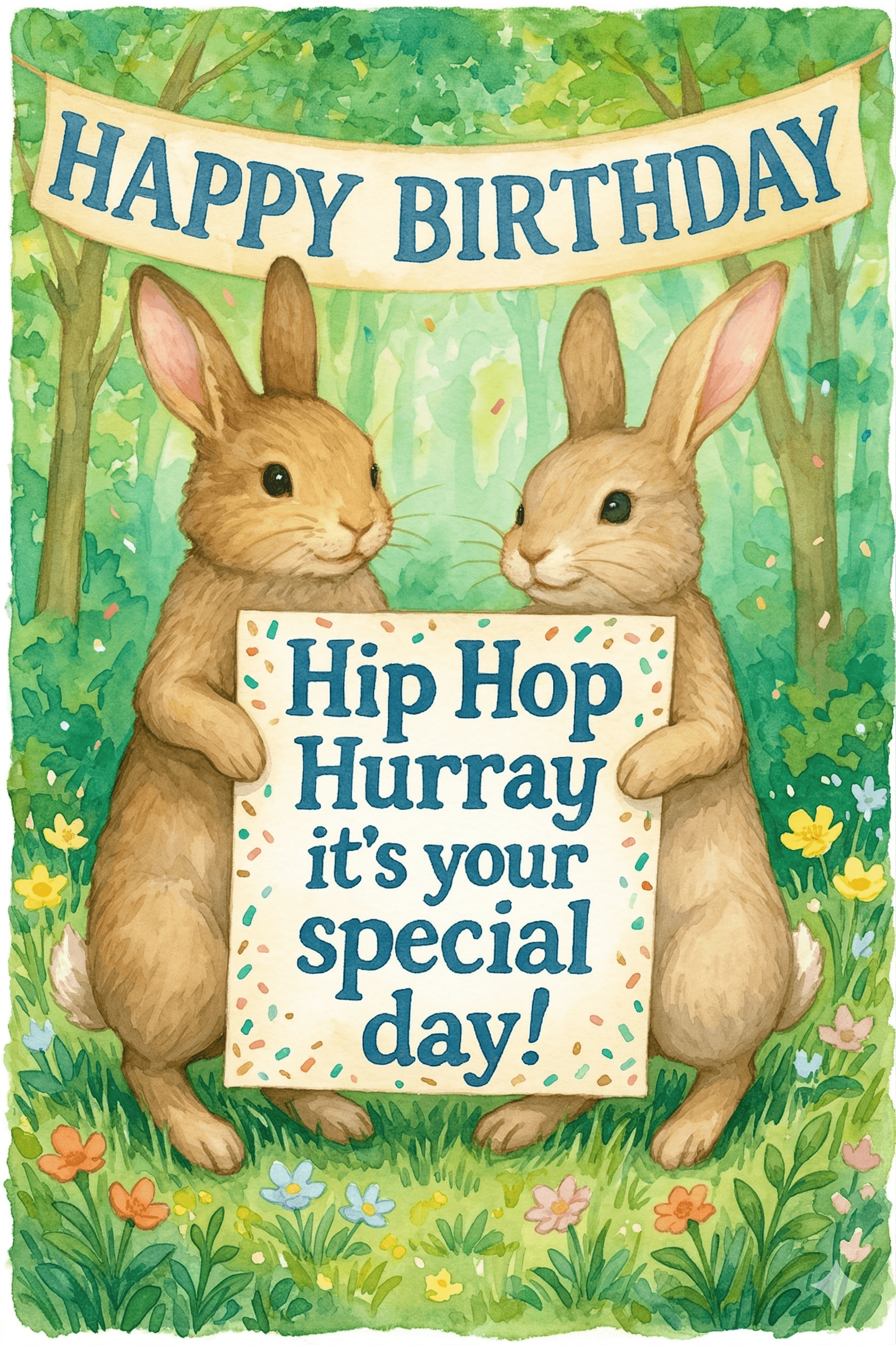 Hip Hop Hurray Bunnies In Forest Birthday Ecard