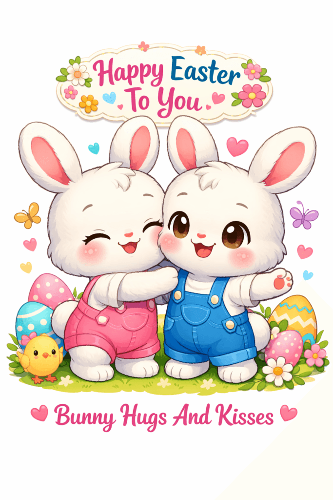 Happy Easter Bunnies In Overalls Hugging