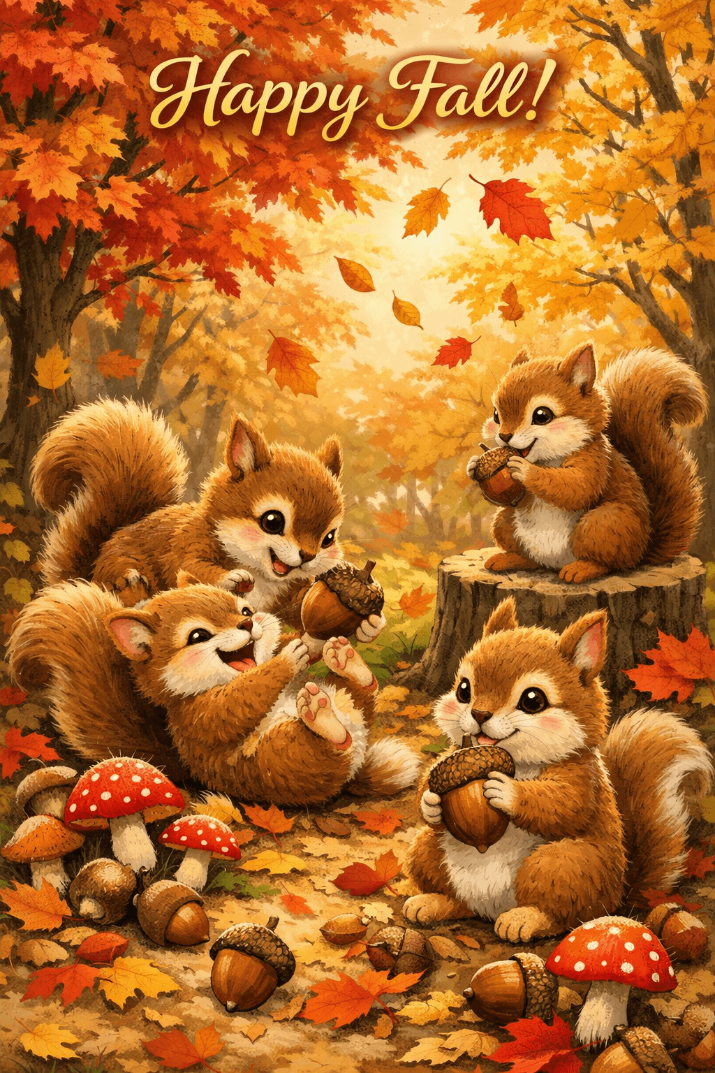 Happy Fall Squirrels Playing In Autumn Woods