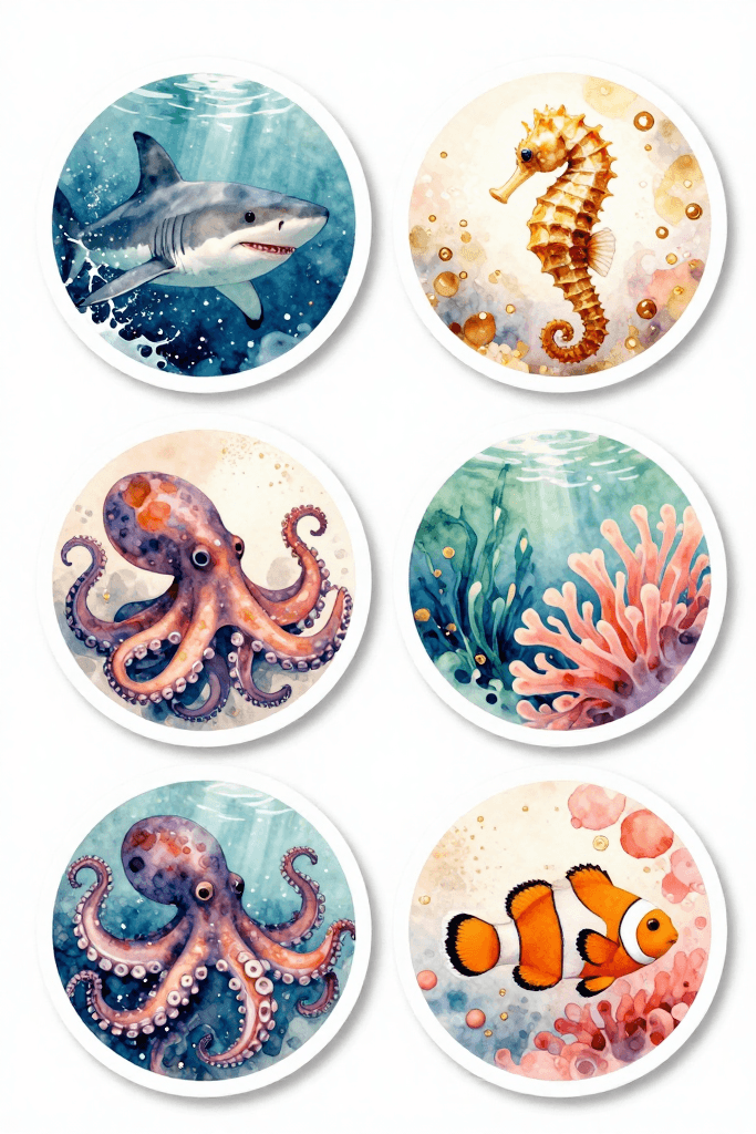 Large Circular Ocean Animal Stickers Printable