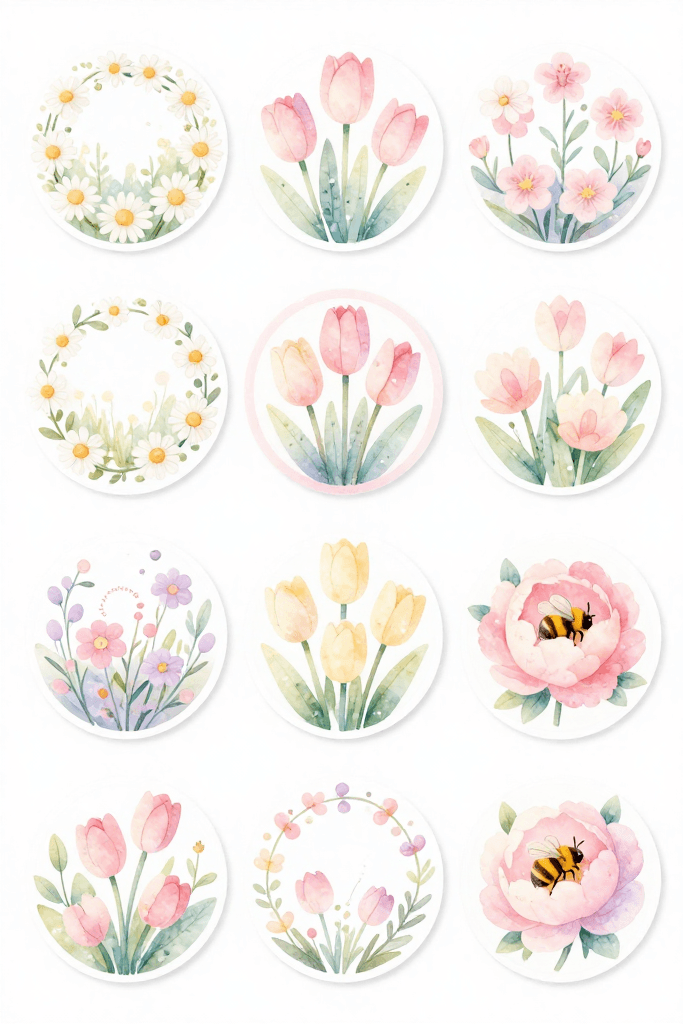 Many Circular Spring Flower Stickers Printable