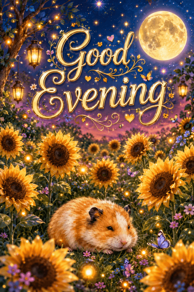 Good Evening Hamster In Sunflower Field Ecard