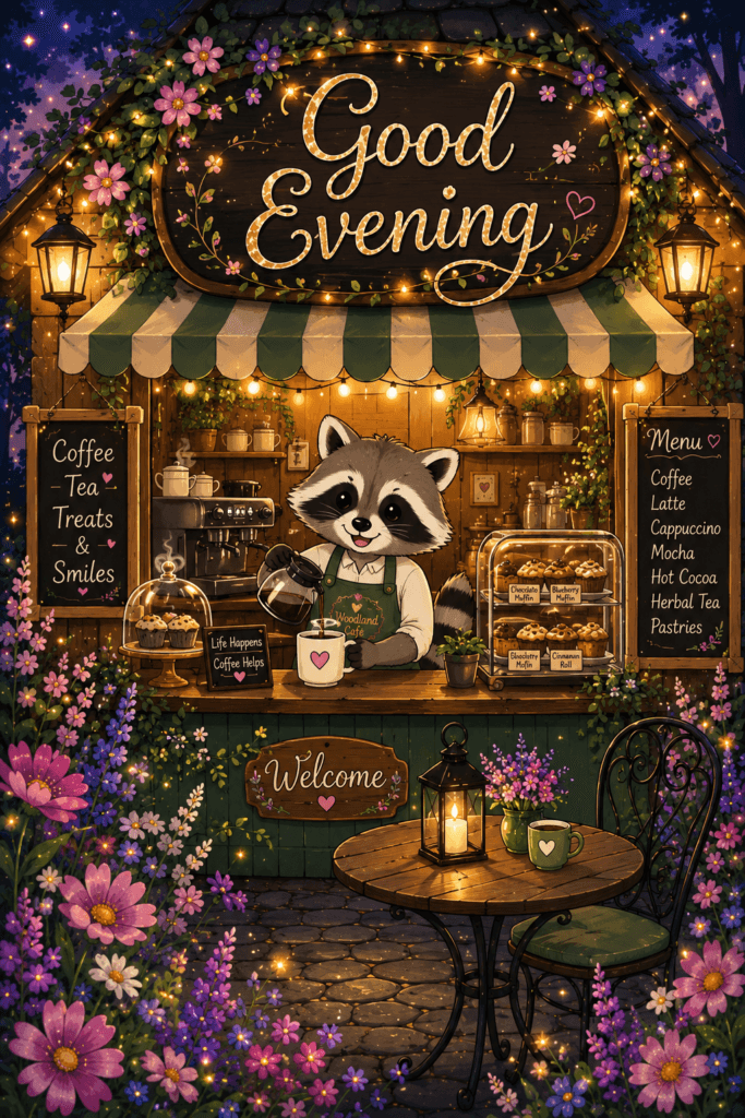 Good Evening Raccoon Cafe Ecard