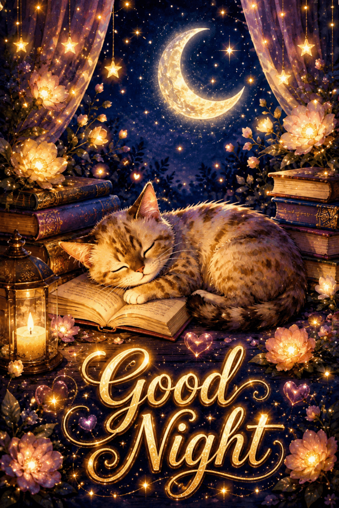 Good Night Cat Sleeping On Book Ecard