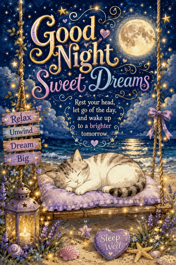 Good Night Sweet Dreams Cat On Swing Ecard