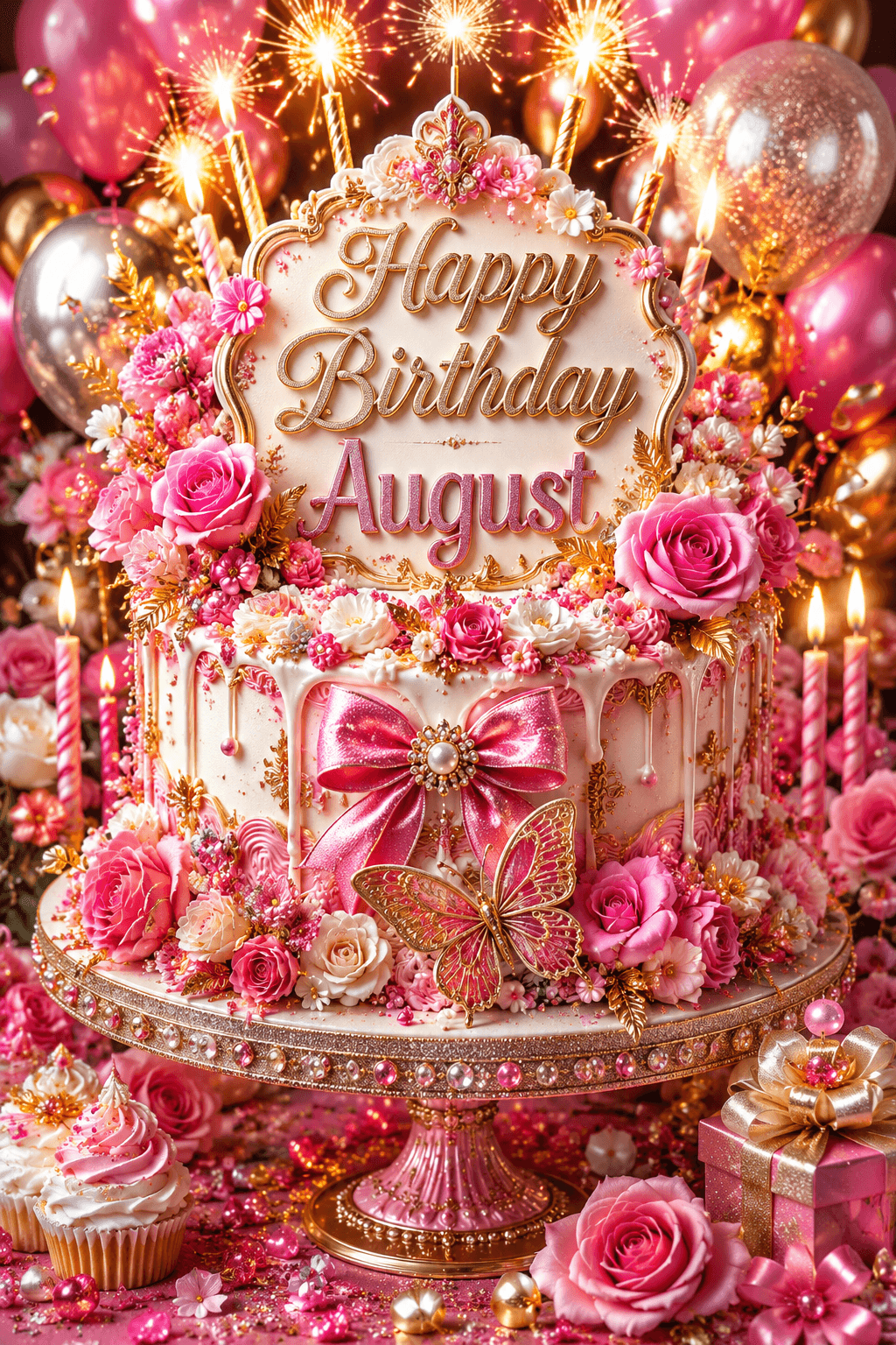 Happy Birthday Pink August Cake Ecard