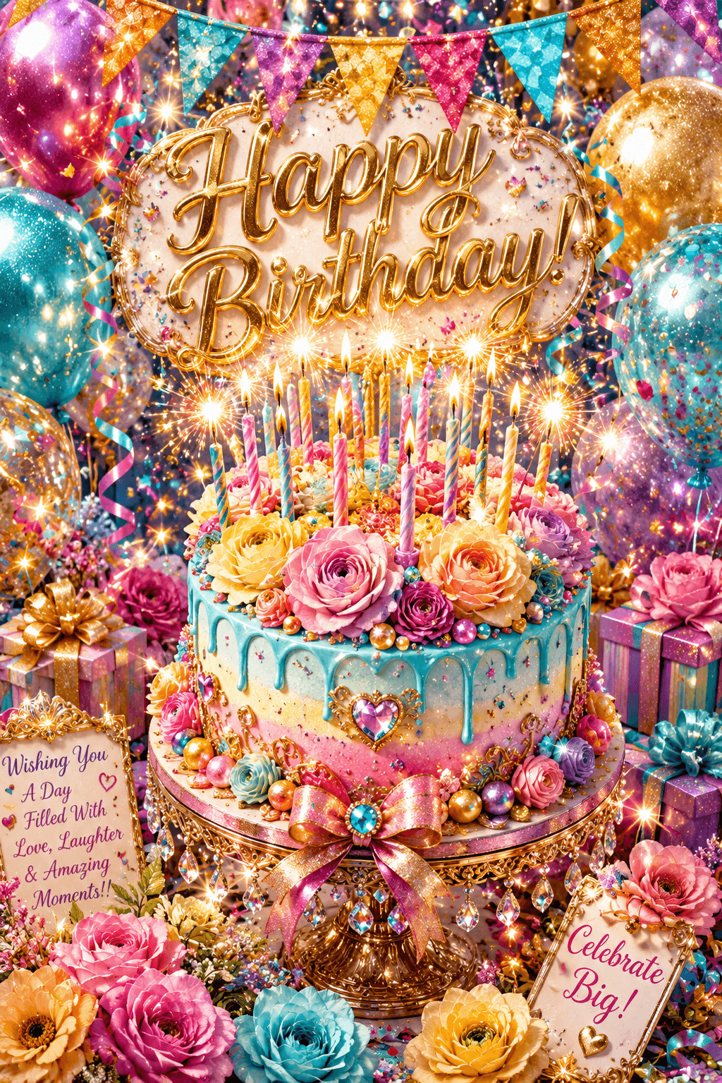 Happy Birthday Colorful Over The Top Cake Ecard