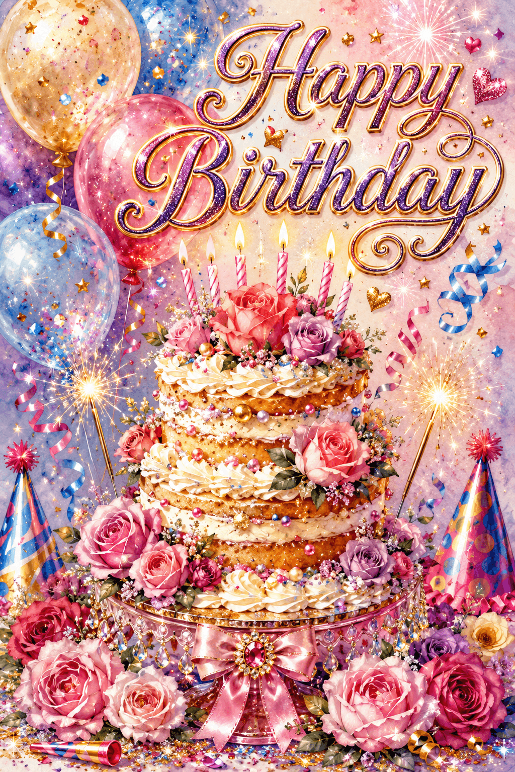 Cake With Roses Happy Birthday Ecard