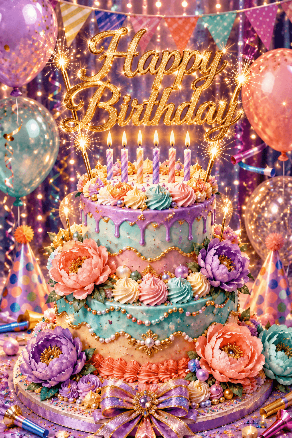Colorful Peony Over The Top Cake Ecard