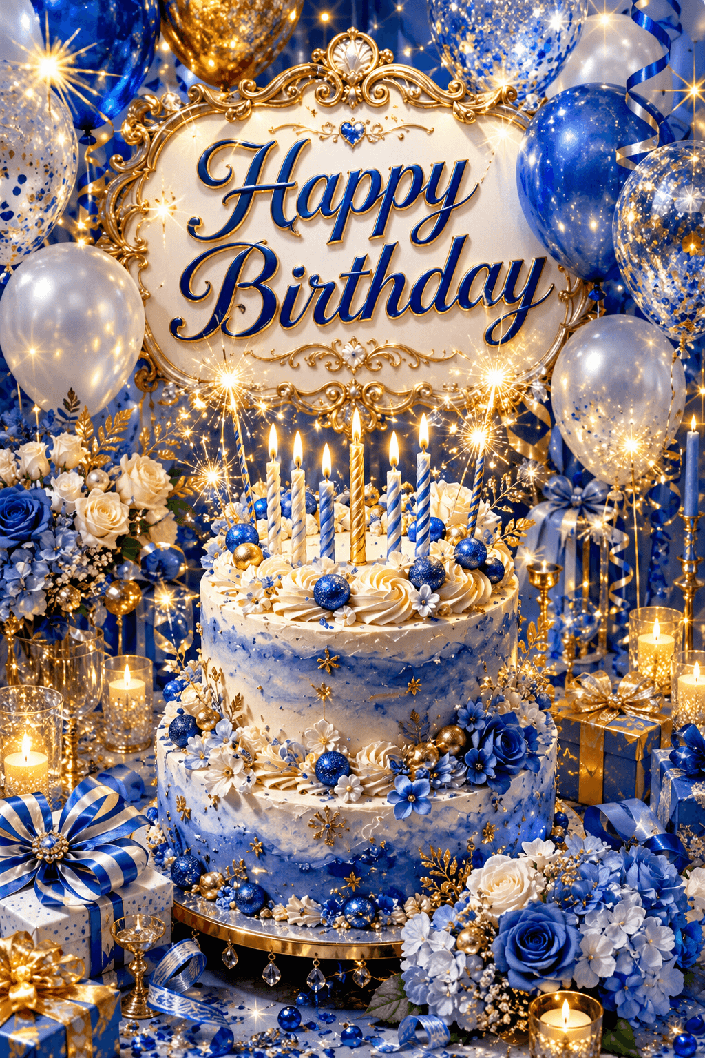 Happy Birthday Blue And White Over To Top Cake Ecard