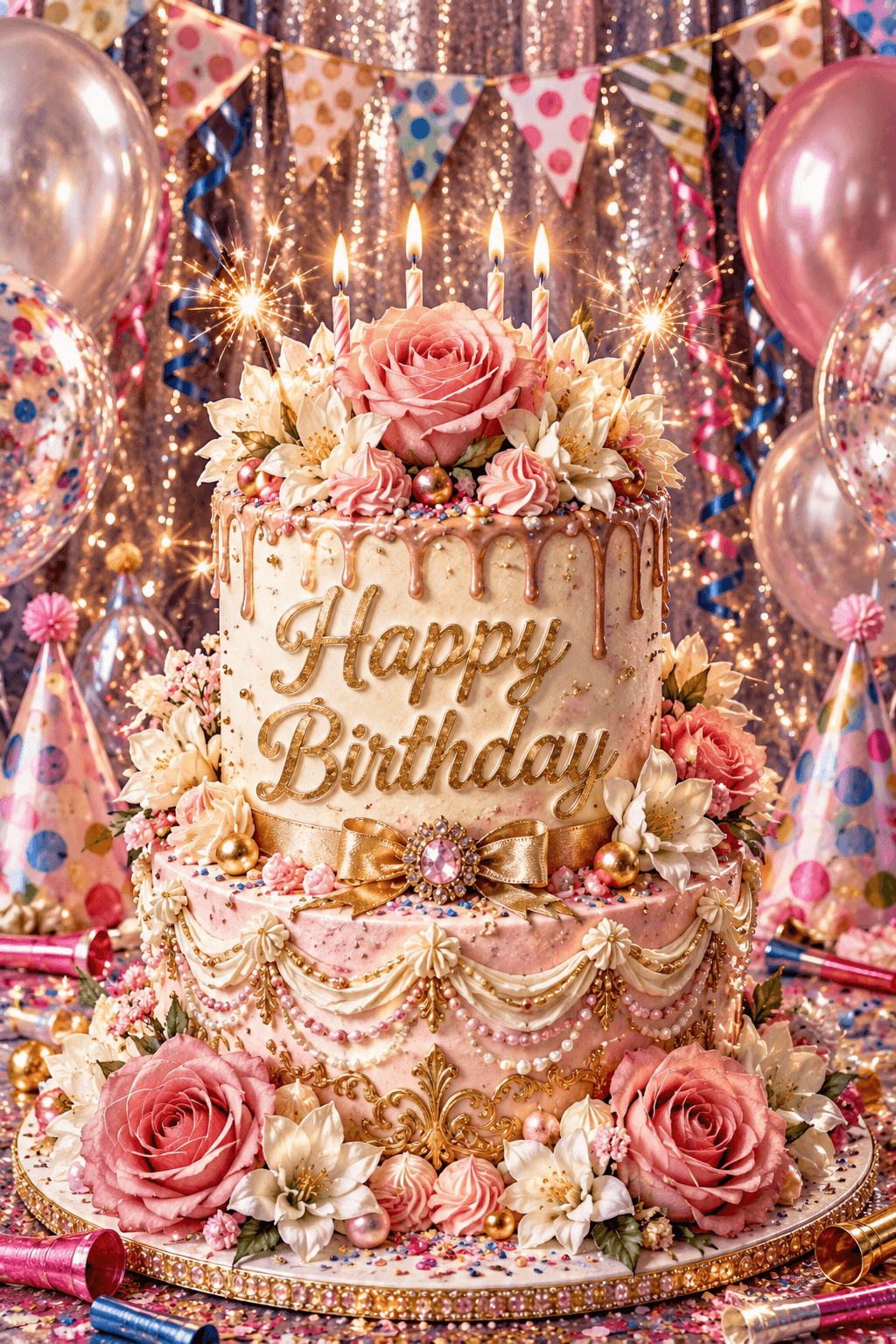 Pink And White Over The Top Cake And Roses Ecard