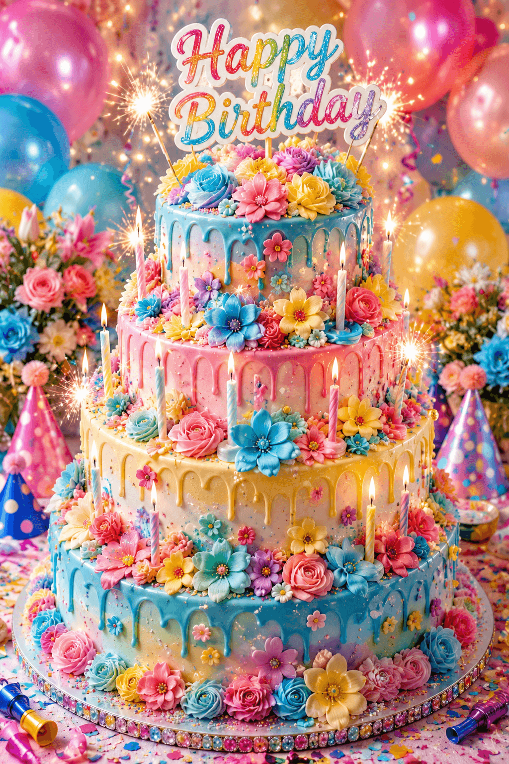 Pink Yellow & Blue Over The Top Cake Video