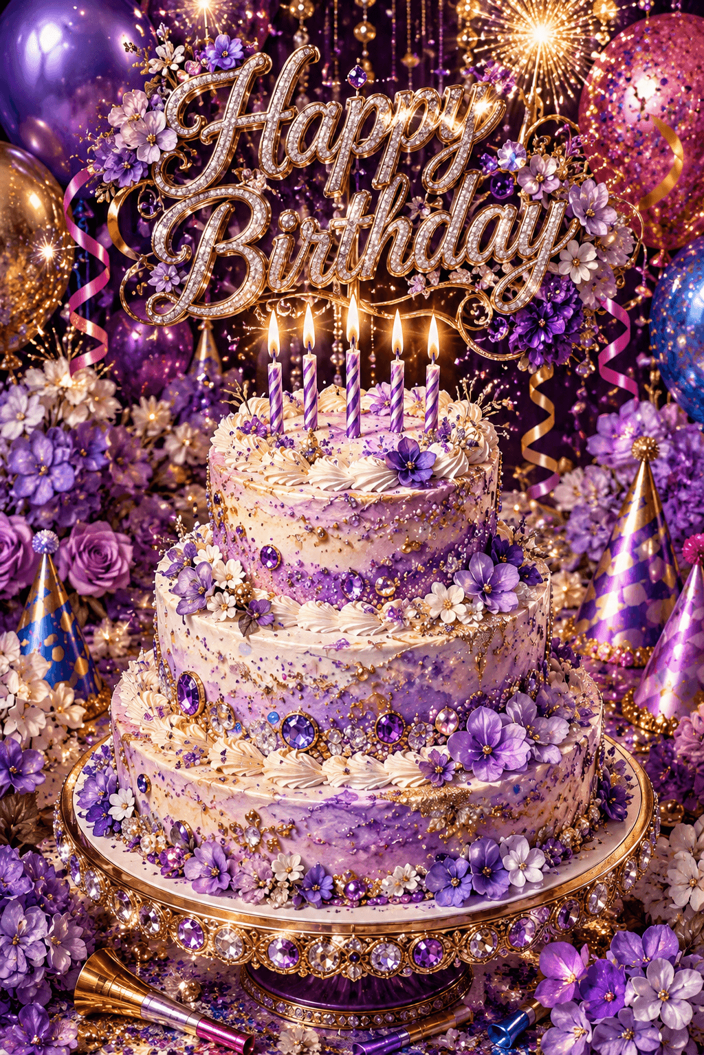 Happy Birthday White And Purple Over The Top Cake Ecard