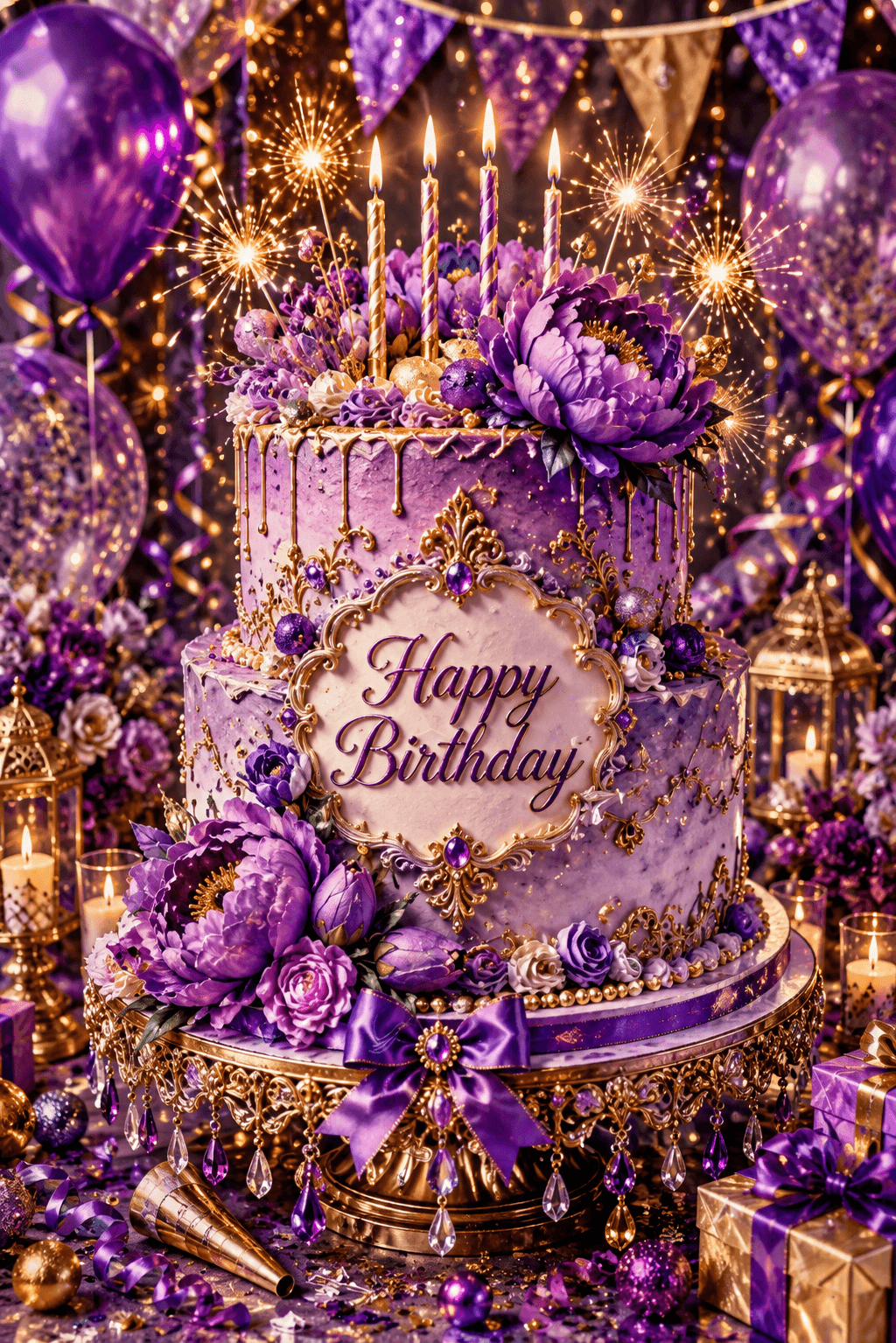 Happy Birthday Purple Over To Top Cake Ecard
