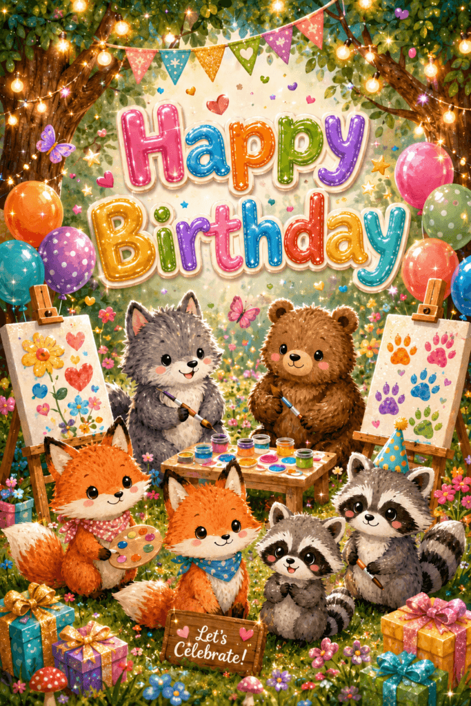 Happy Birthday Woodland Animals Painting Party Ecard