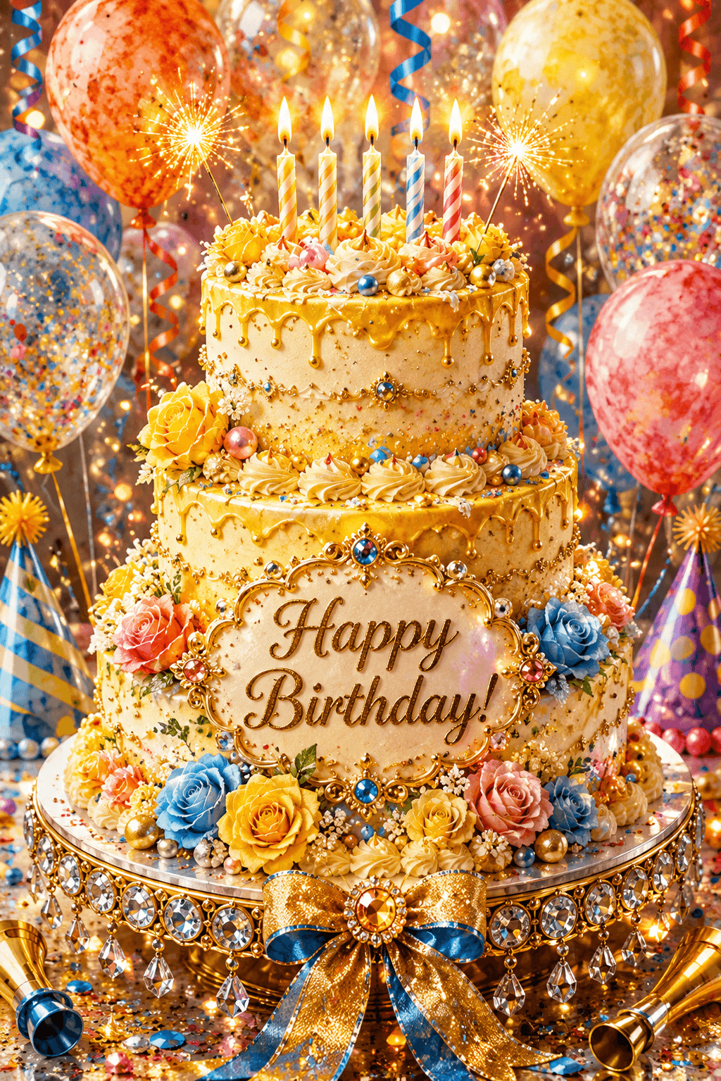 Yellow Over The Top Cake With Pink And Blue Accents Ecard