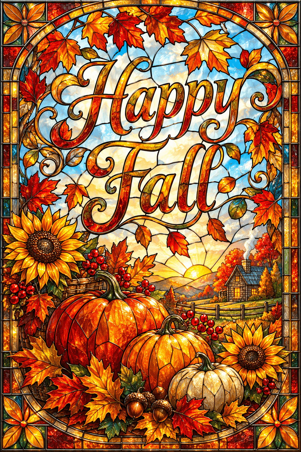 Vibrant Happy Fall Stained Glass Ecard