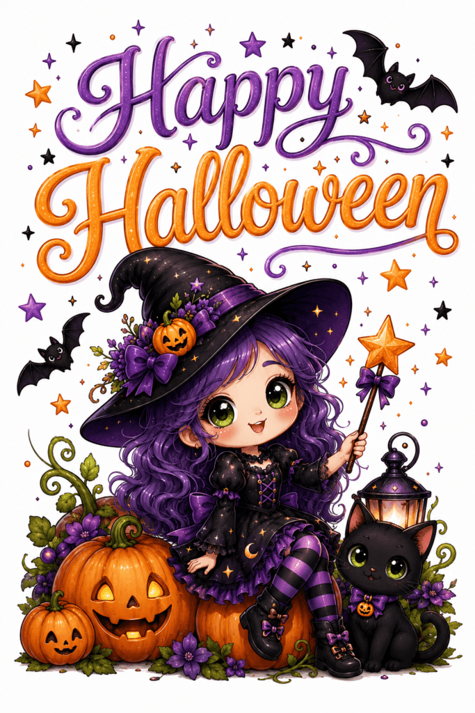 Happy Halloween Cute Witch And Cat Ecard