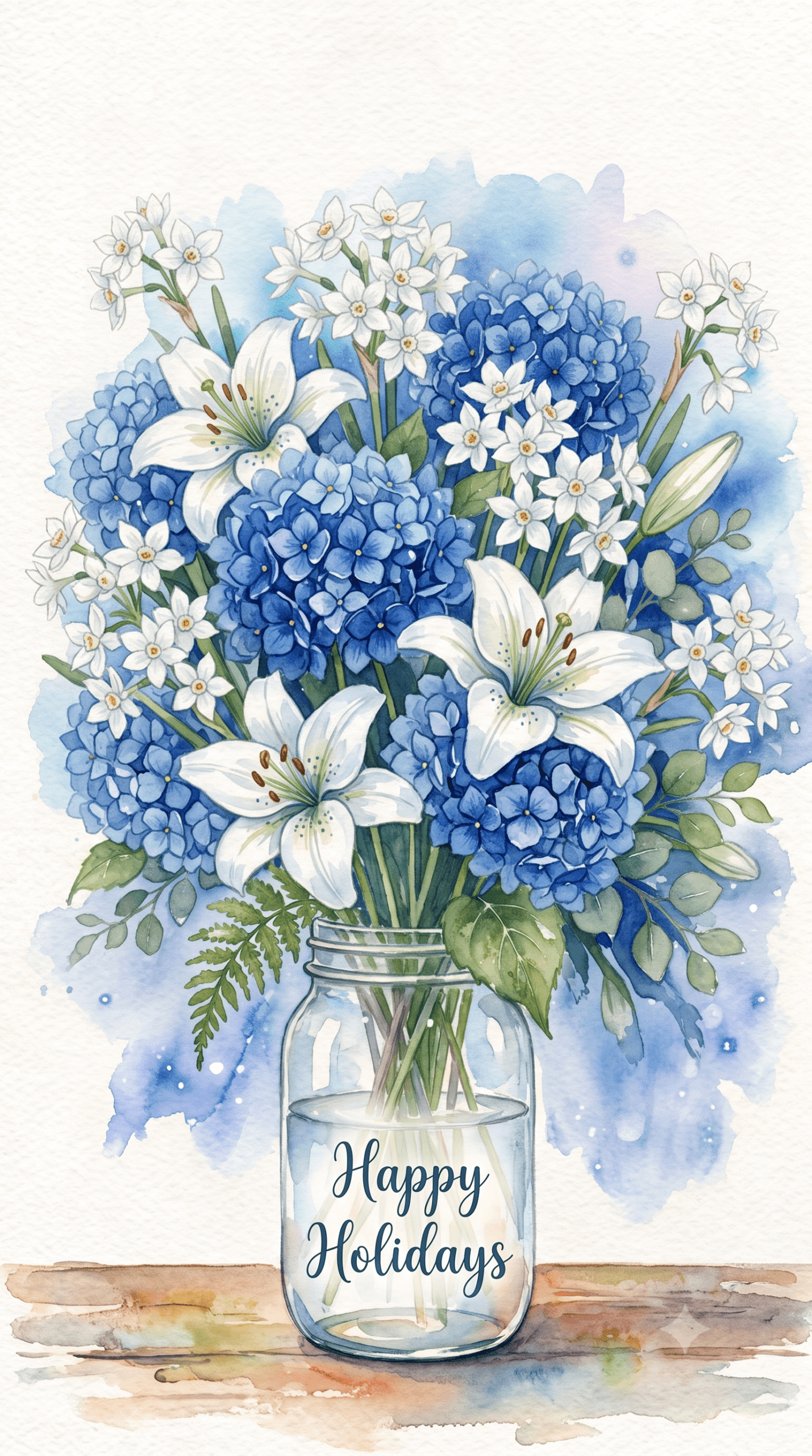 Happy Holidays Blue And White Bouquet Ecard