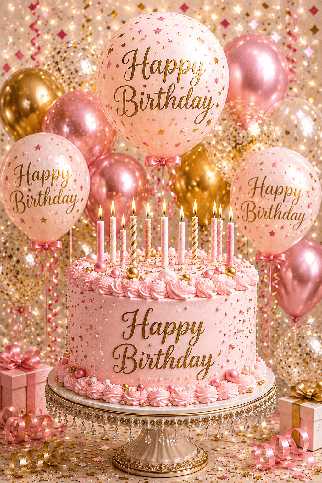 Happy Birthday Pink And Gold Cake Ecard