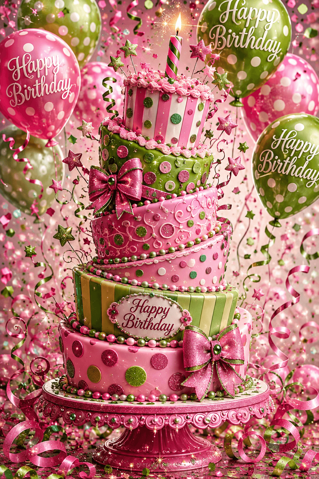 Happy Birthday Pink And Green Cake Ecard