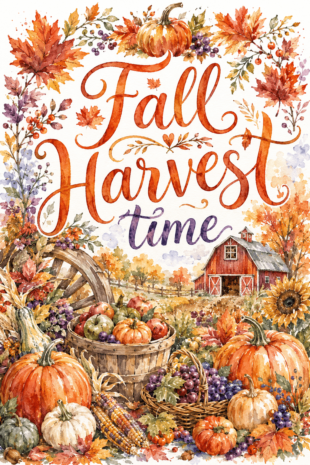 Happy Fall Harvest Time Watercolor Style Ecard