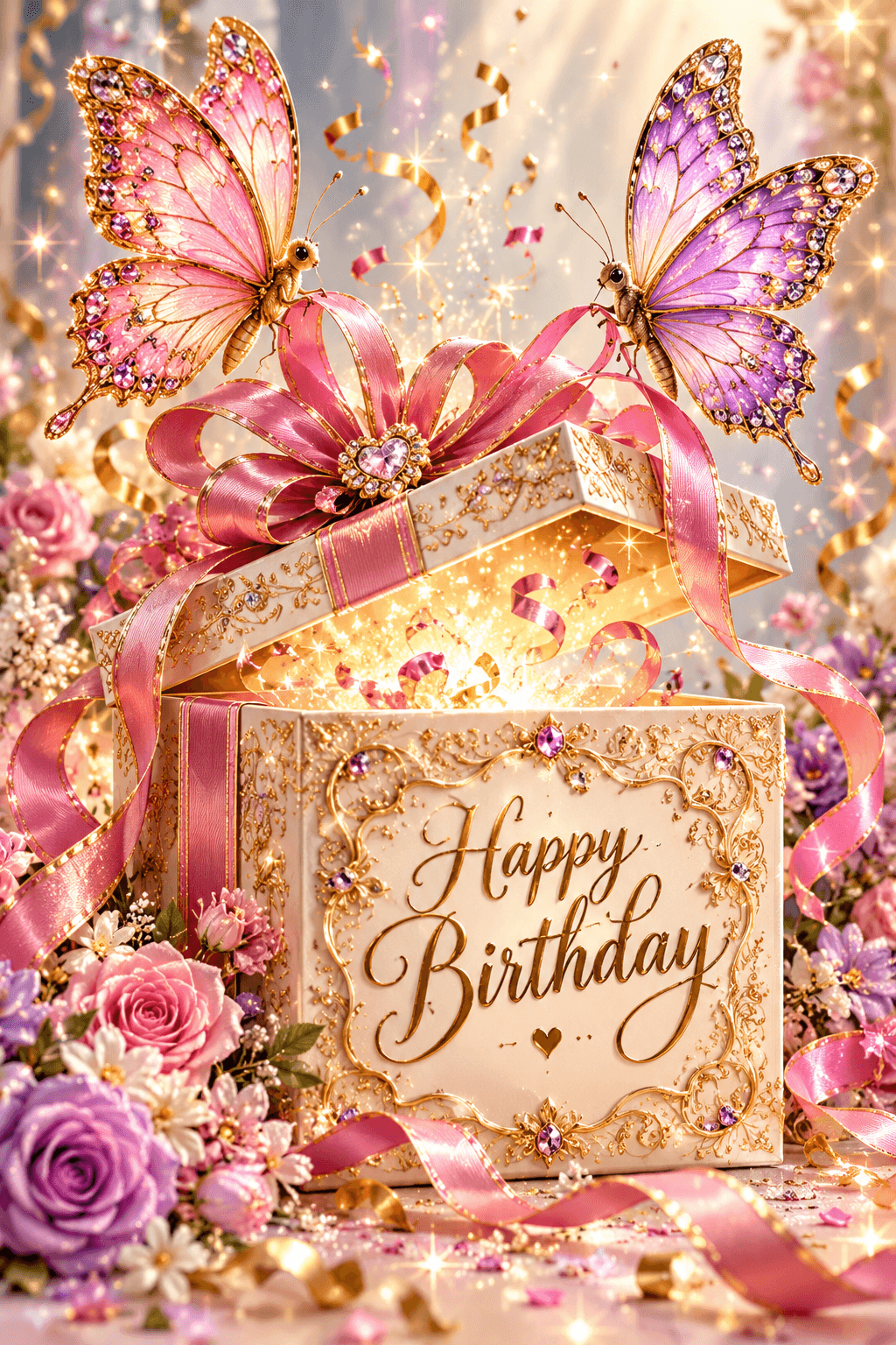 Happy Birthday Butterflies Opening Present Ecard