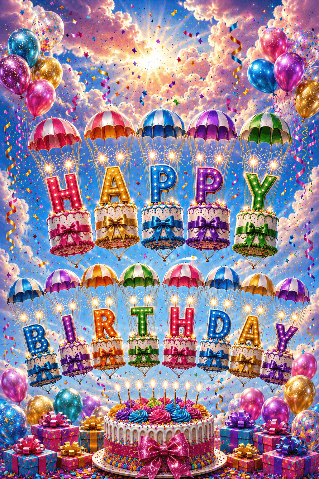 Parachuting Happy Birthday Cakes Ecard