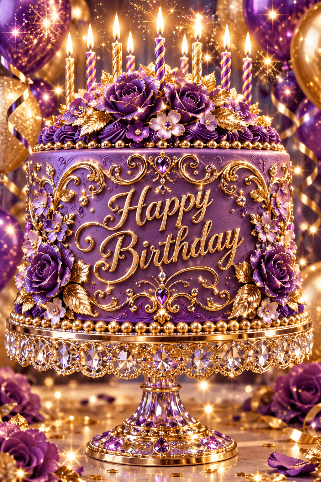 Happy Birthday Purple Cake With Gold Ecard