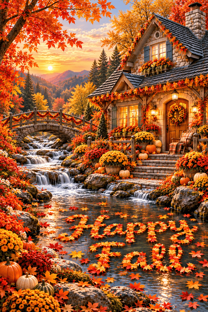 Happy Fall Cottage On Stream Ecard